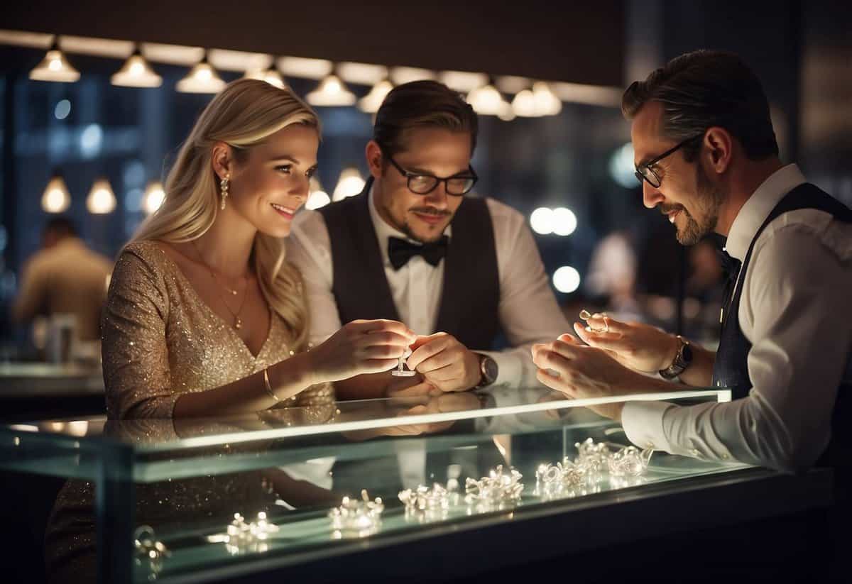 A couple sits at a jeweler's counter, examining sparkling wedding rings under bright lights. The jeweler offers expert advice, guiding them through the selection process