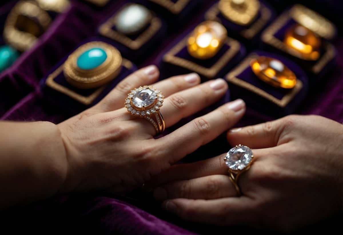 Various rings displayed on velvet cushions, reflecting light. A hand reaches out, trying on multiple styles. A jeweler observes, offering guidance