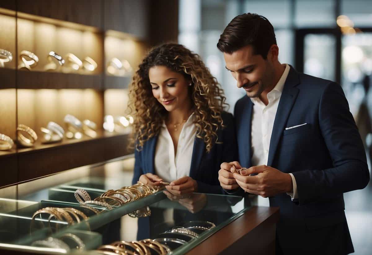 A couple examines various wedding rings in a well-lit jewelry store, surrounded by sparkling displays and attentive salespeople