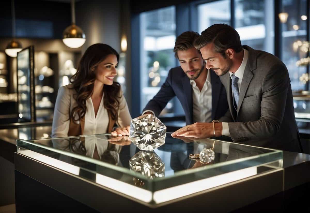 A jeweler carefully inspects a sparkling diamond, while a couple discusses ring options at a well-lit display counter