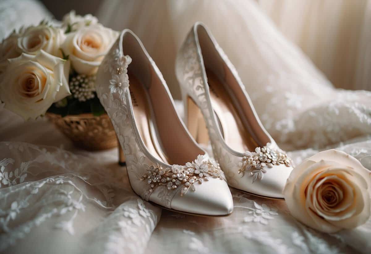 A pair of elegant wedding shoes placed on a soft, white lace pillow with delicate floral accents