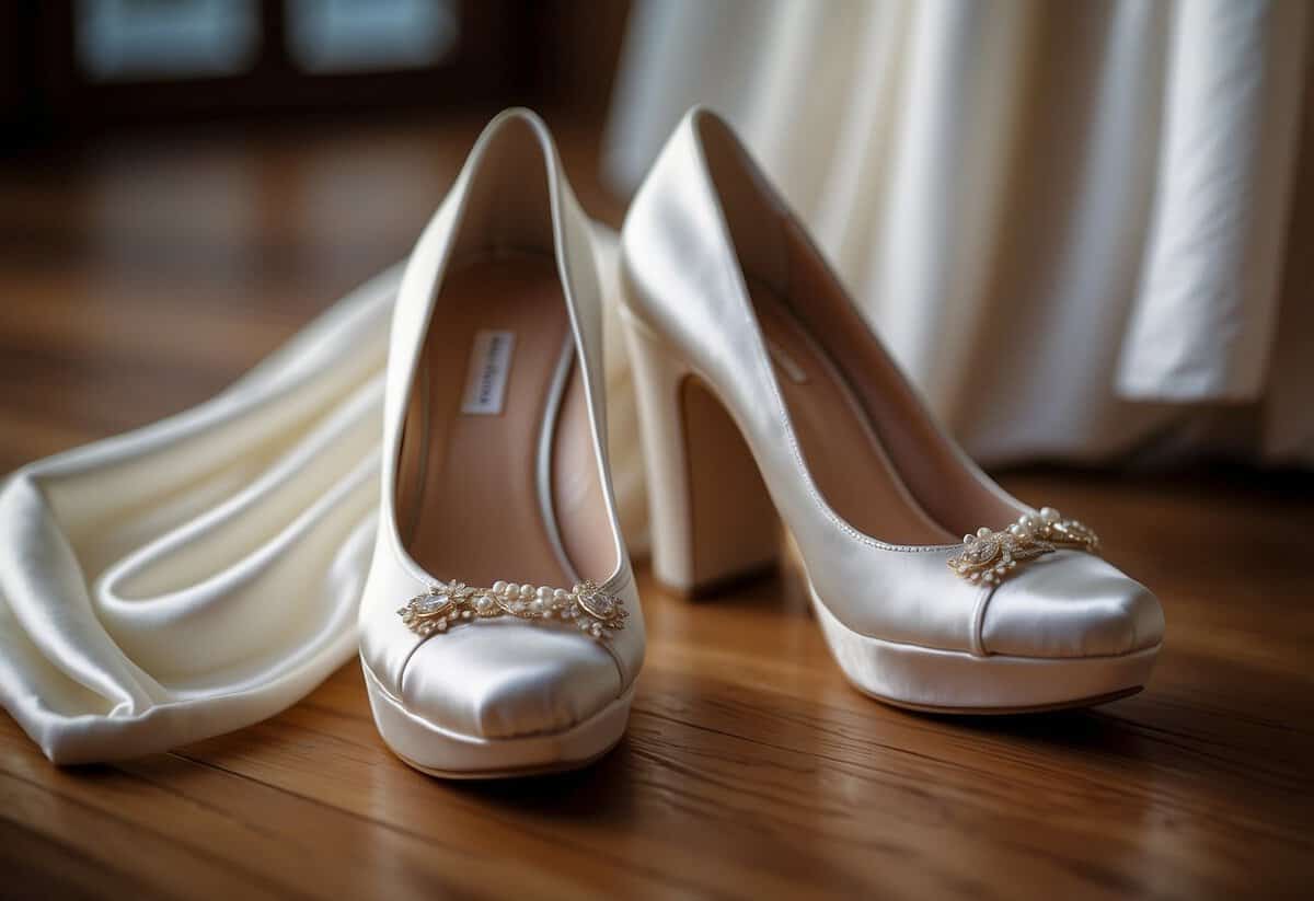A pair of elegant, white satin heels are placed next to a flowing, ivory wedding dress on a wooden floor