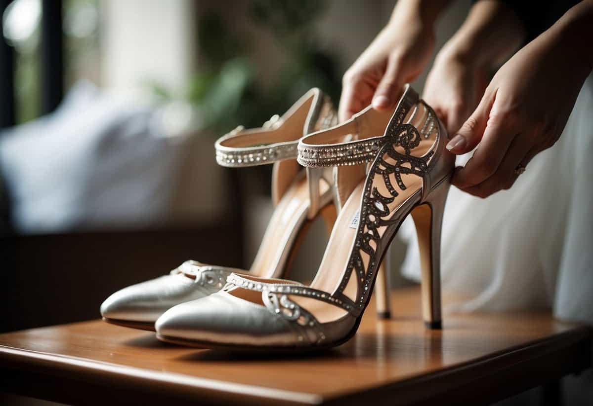 Shoes being stretched and bent to prepare for a wedding