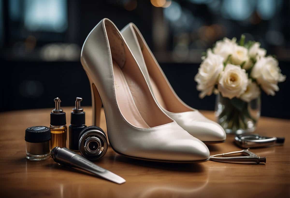 A pair of wedding shoes, one slightly scuffed, sits next to a set of heel tips and a small tool kit