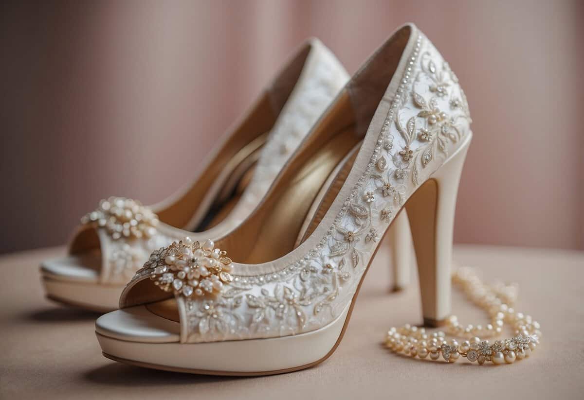 A pair of wedding shoes, one with a high heel and the other with a matching heel height, placed next to each other