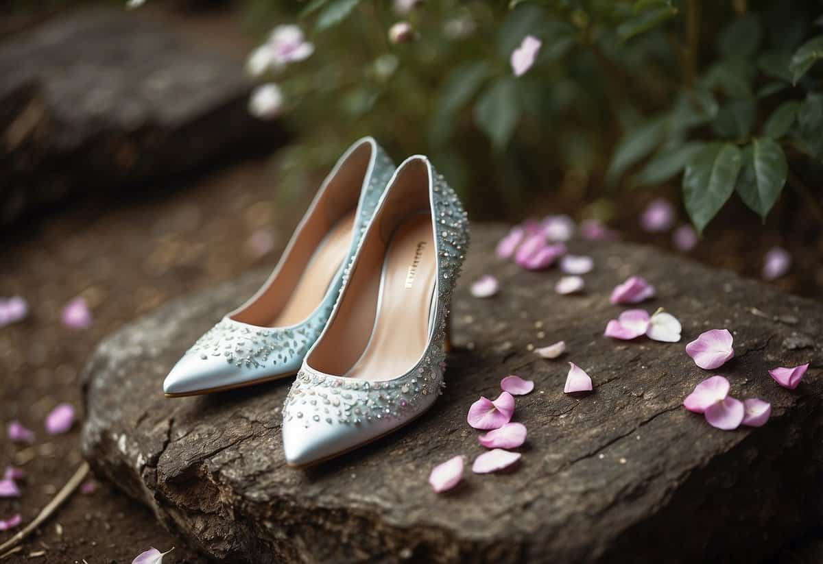A pair of elegant wedding shoes placed on a rustic terrain with scattered flower petals and greenery