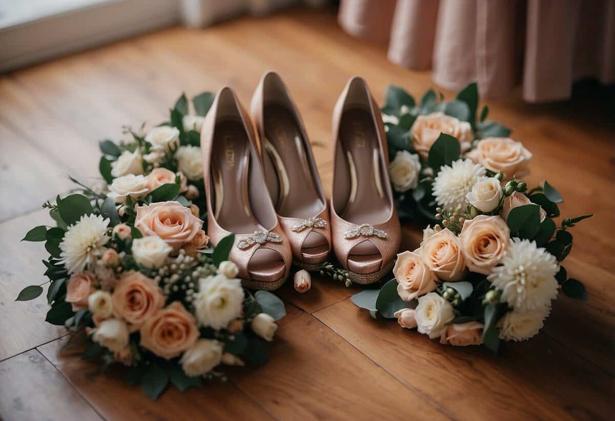 Bridesmaids' shoes arranged in a circle, tips touching, on a wooden floor. Bouquets and dresses in the background