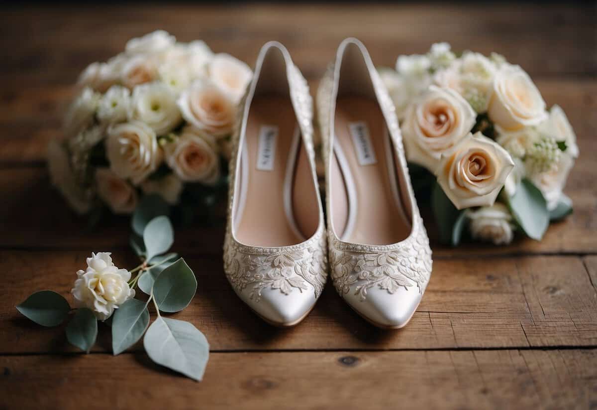 A pair of elegant wedding shoes placed on a rustic wooden floor, surrounded by scattered flower petals and a delicate lace garter
