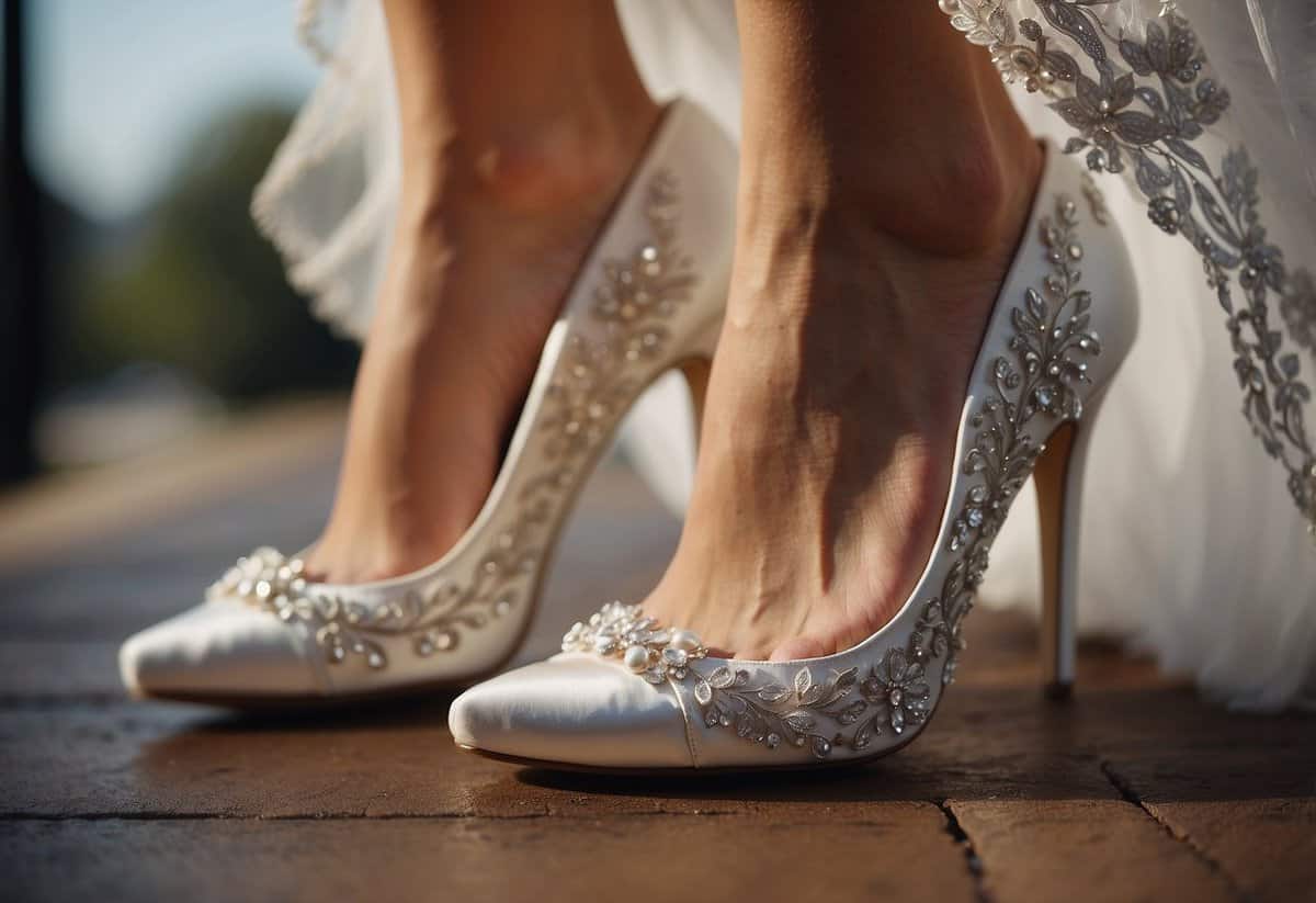 A bride slips off her high heels and replaces them with a pair of comfortable, yet stylish, wedding shoes. The relief on her face is evident as she enjoys the rest of her special day