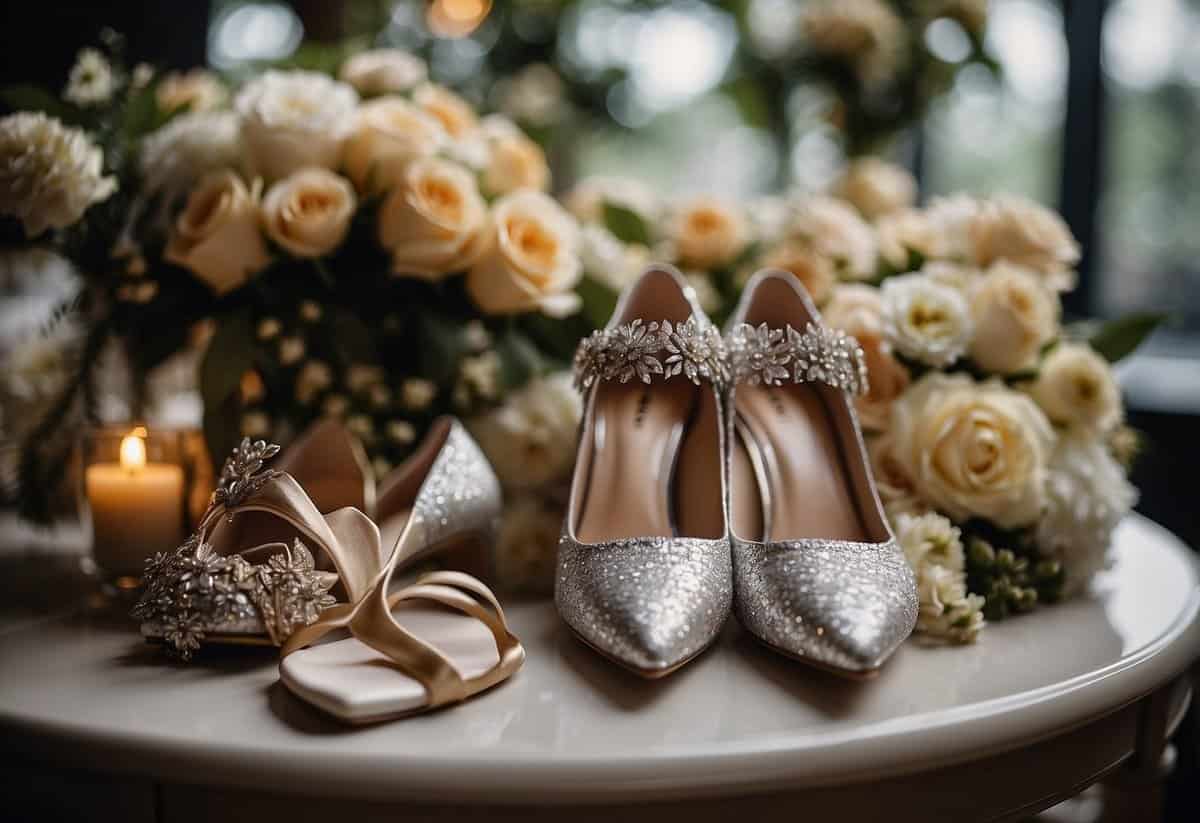 A table with various wedding shoe styles, surrounded by seasonal elements like flowers, leaves, and snowflakes