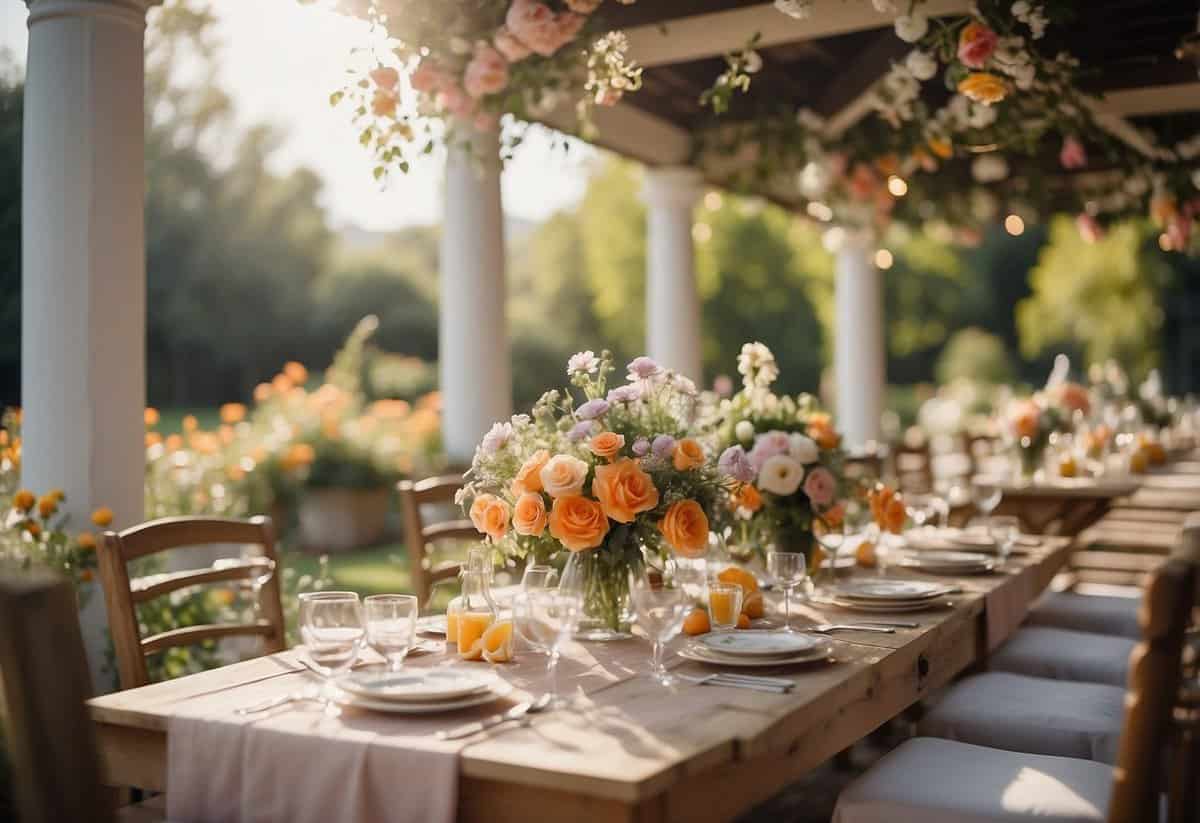 A blooming garden with colorful flowers and a sunny sky, a gazebo adorned with delicate ribbons and flowing fabrics, and a table set with elegant place settings and fresh floral centerpieces