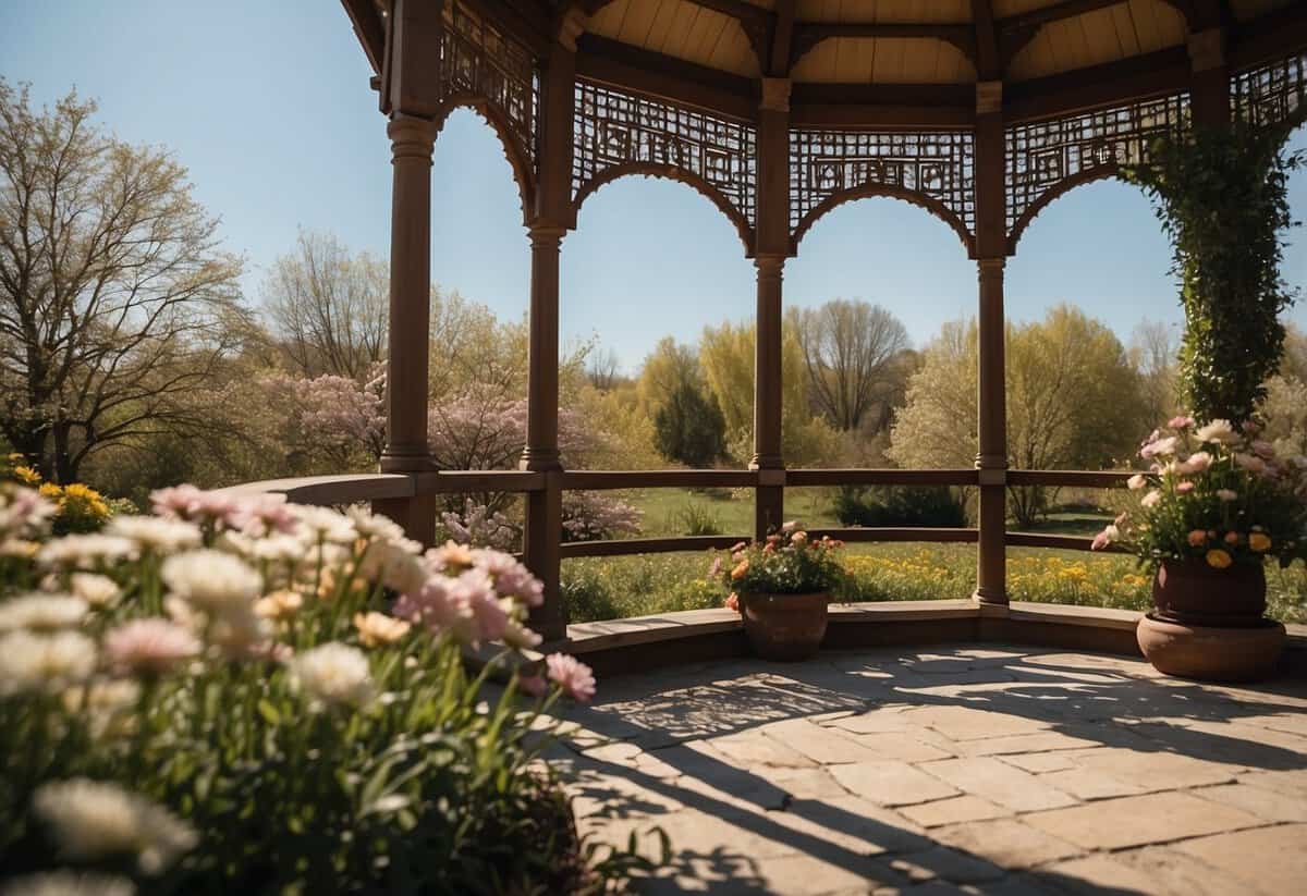 A serene outdoor setting with blooming flowers, a charming gazebo, and a clear blue sky, perfect for a spring wedding
