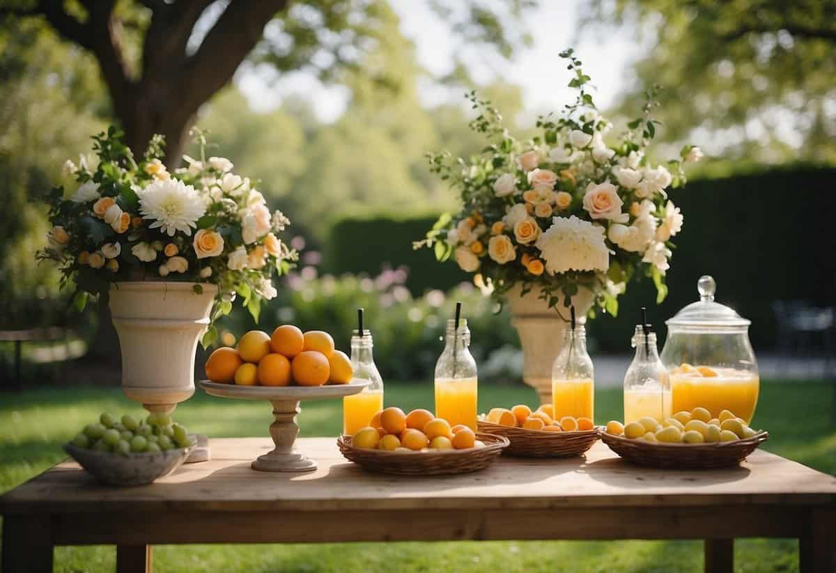 A garden setting with elegant drink stations, adorned with fresh flowers and fruits, set up for a spring wedding