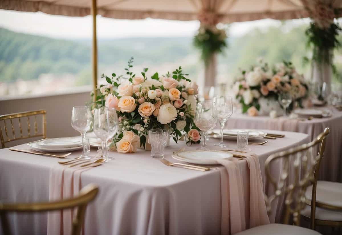 A table set with pastel linens and delicate chiffon drapery, adorned with fresh flowers and airy fabrics for a spring wedding