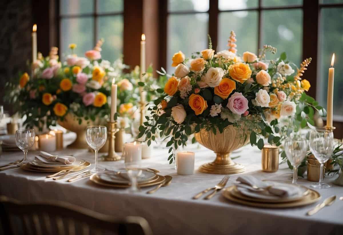 A table adorned with colorful floral arrangements and greenery, creating a romantic and elegant atmosphere for a spring wedding