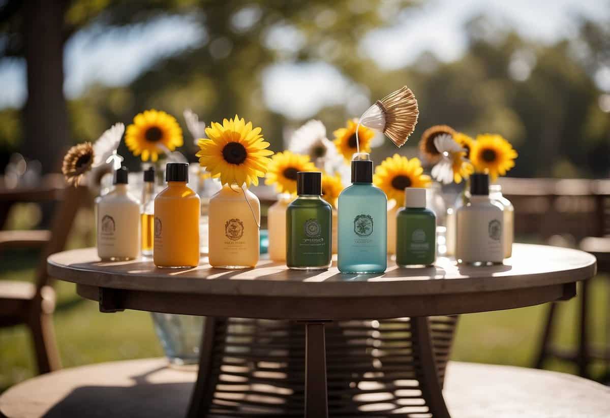 A table with sunscreen bottles and handheld fans, set against a backdrop of a sunny outdoor wedding venue
