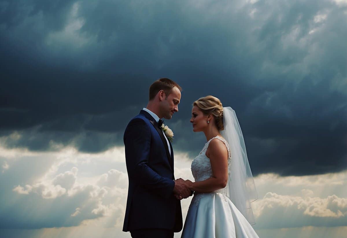 A bride and groom exchanging vows under a clear blue sky, while dark clouds loom in the distance, hinting at the possibility of unpredictable weather