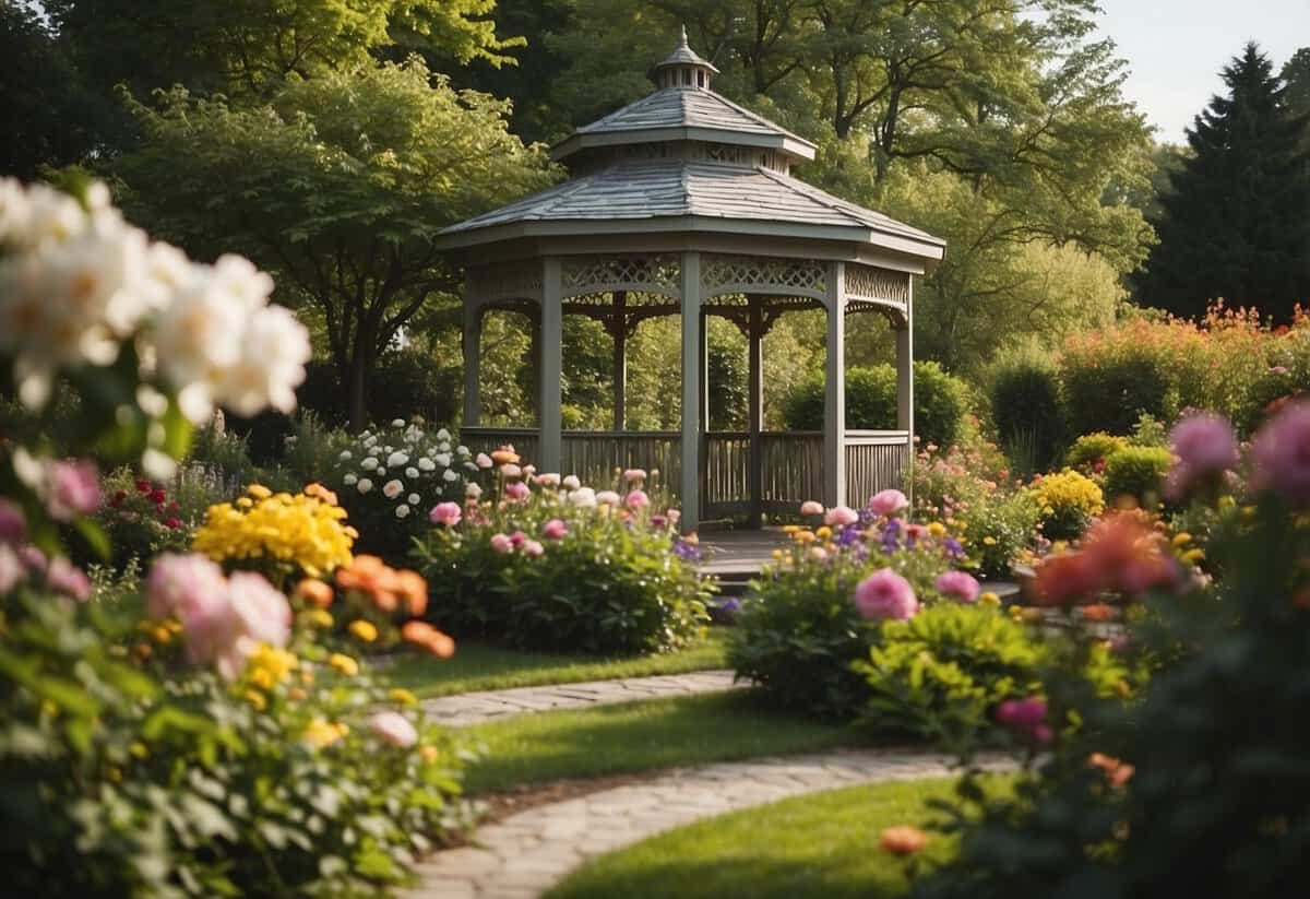 A blooming garden with a gazebo, surrounded by colorful flowers and lush greenery. A gentle breeze rustles through the trees, creating a romantic and serene atmosphere for a spring wedding venue