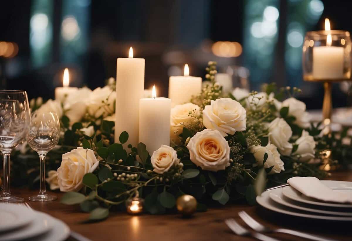 A beautifully decorated wedding table with elegant floral centerpieces, delicate place settings, and soft candlelight creating a romantic atmosphere