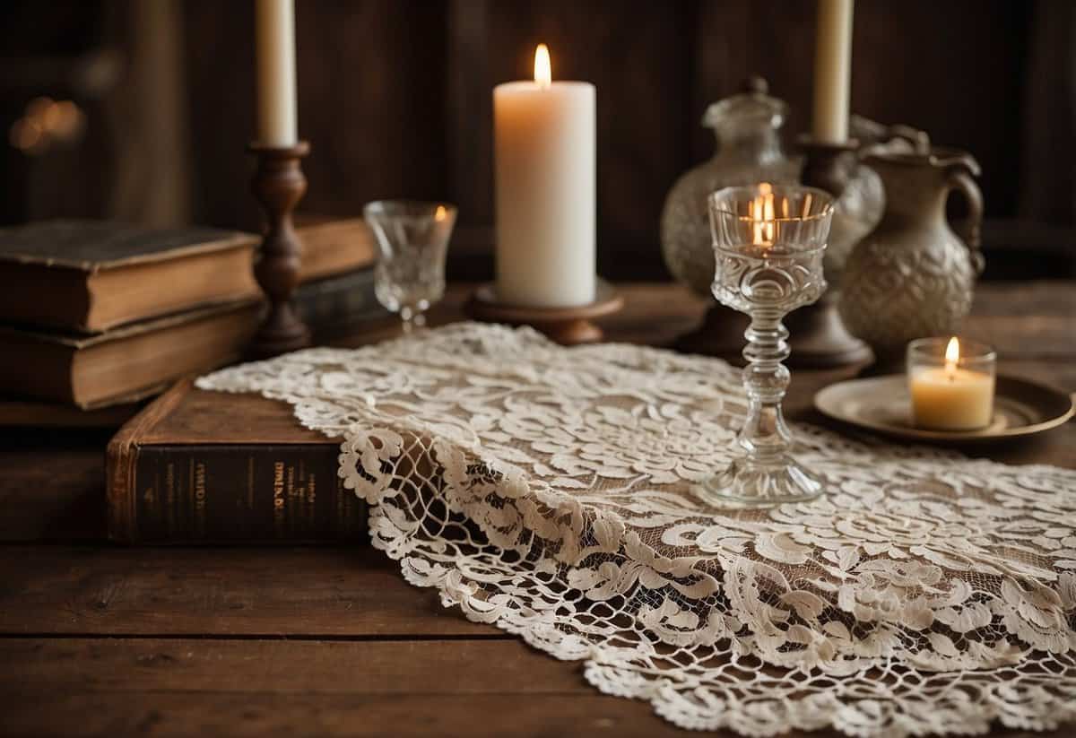 Vintage decor pieces arranged on a rustic wooden table, including mismatched candlesticks, lace doilies, and antique books. A lace table runner adds a touch of elegance