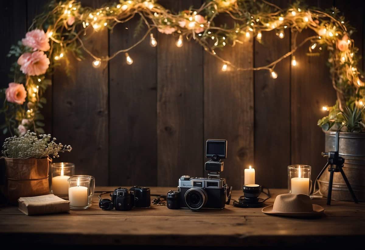 A rustic backdrop with fairy lights, vintage frames, and a floral garland. A table with props like hats, glasses, and signs. A camera on a tripod