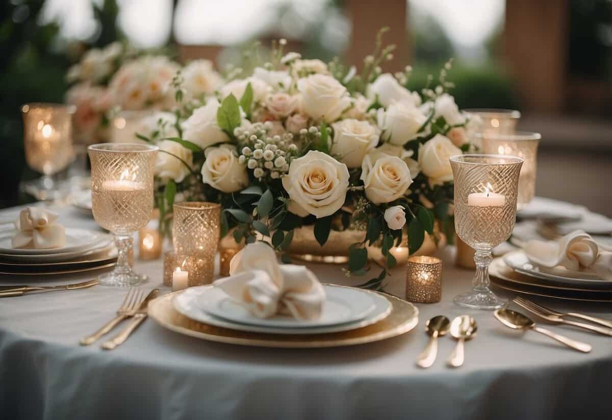 A table adorned with personalized wedding favors, surrounded by elegant decor and floral arrangements