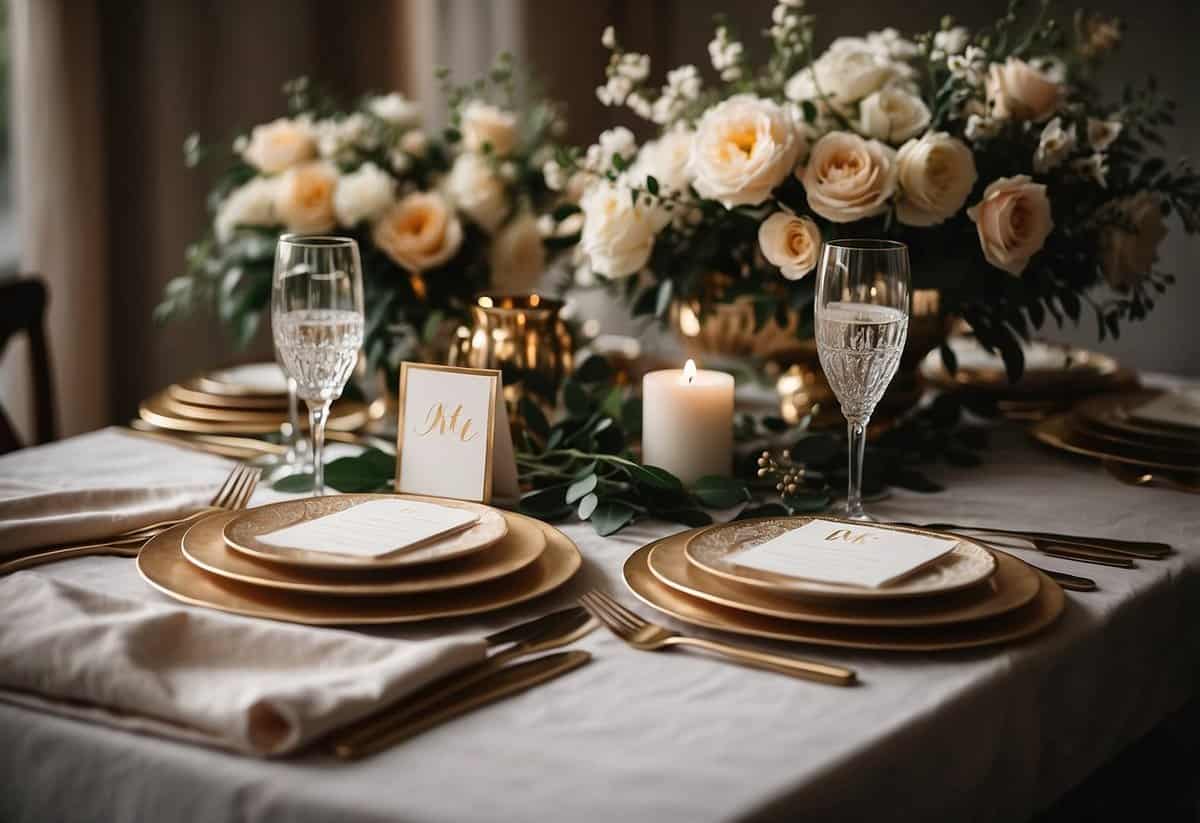 A table set with elegant calligraphy invitations, surrounded by styling tools and floral arrangements