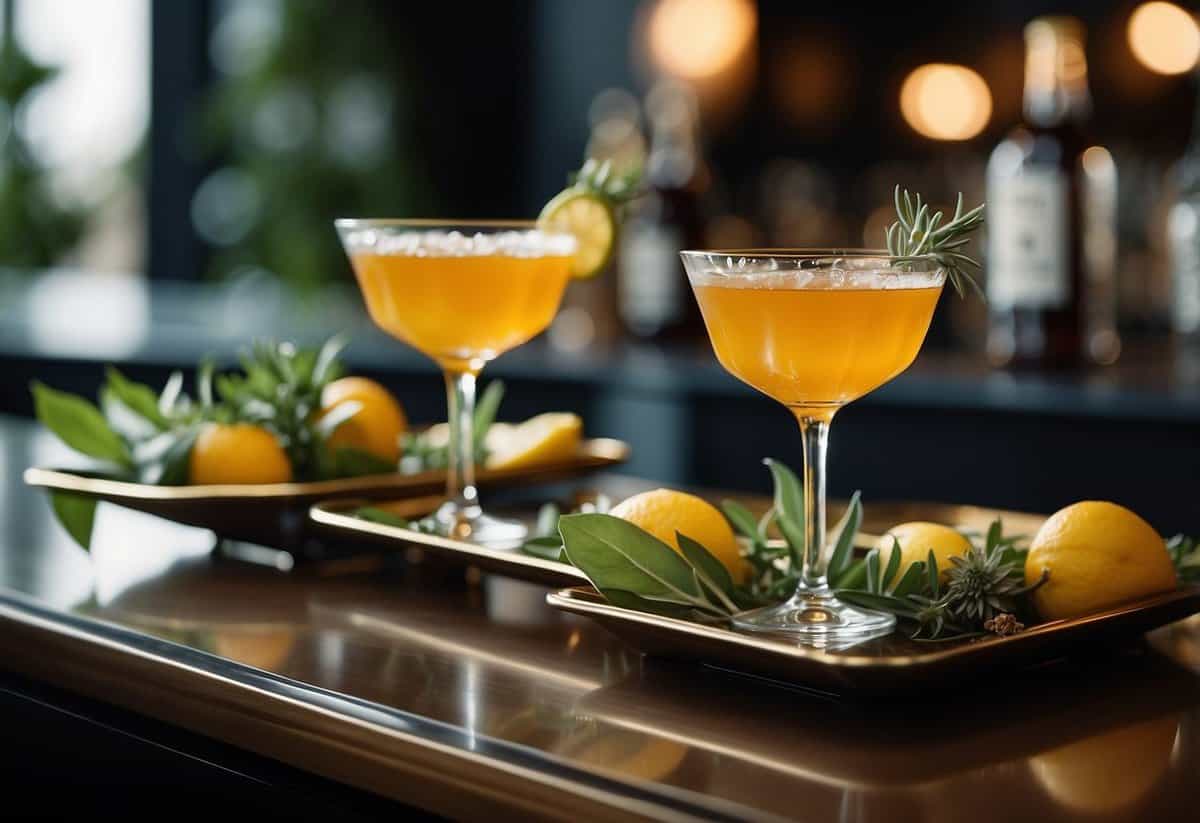A beautifully adorned wedding bar with elegant glassware, fresh garnishes, and a stunning display of the signature cocktail