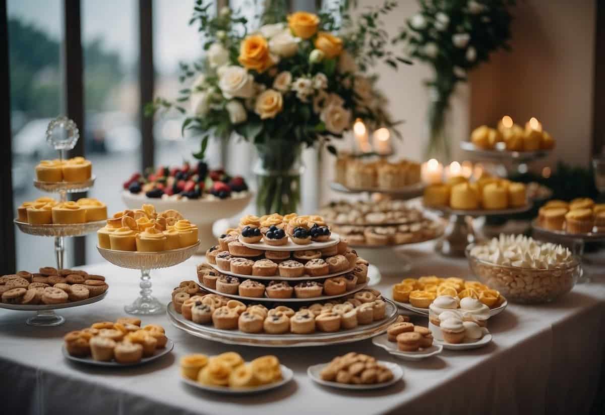 A beautifully styled dessert table with coordinated treats, elegant signage, and decorative accents in a wedding theme