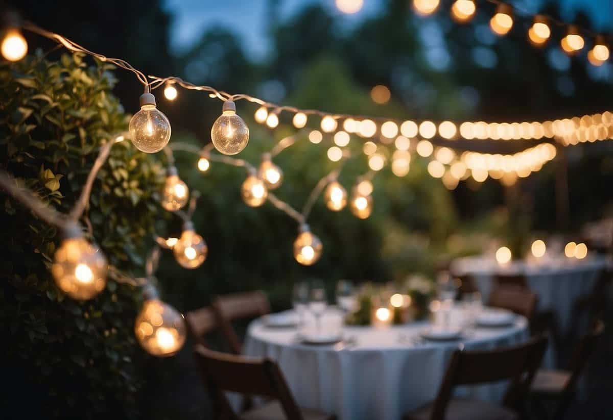 A garden adorned with twinkling fairy lights, casting a magical glow over the wedding reception