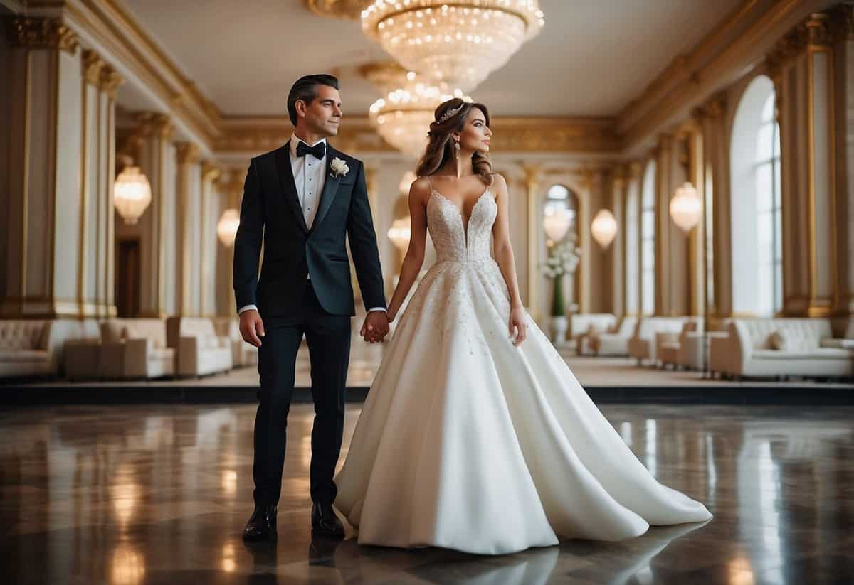 A modern bride and groom stand in front of a classic, ornate backdrop. The bride wears a sleek, contemporary gown while the groom is in a traditional tuxedo. The scene is accented with a mix of modern and classic decor, such