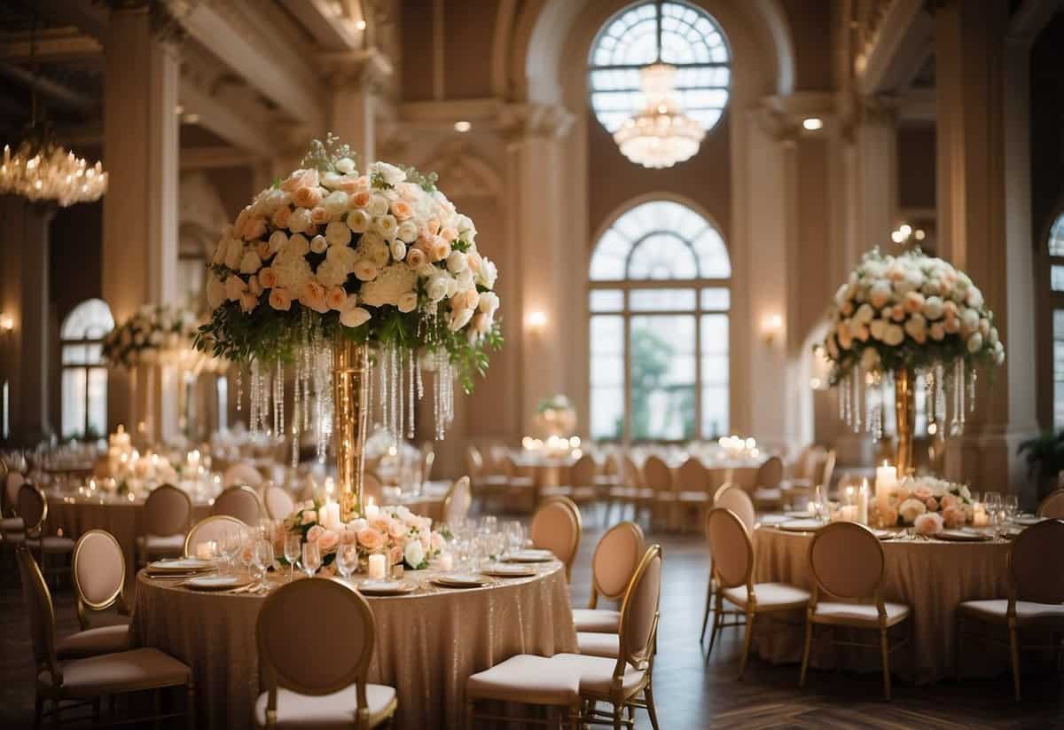 A grand banquet hall adorned with elegant floral arrangements and twinkling lights, set for a luxurious and romantic wedding celebration
