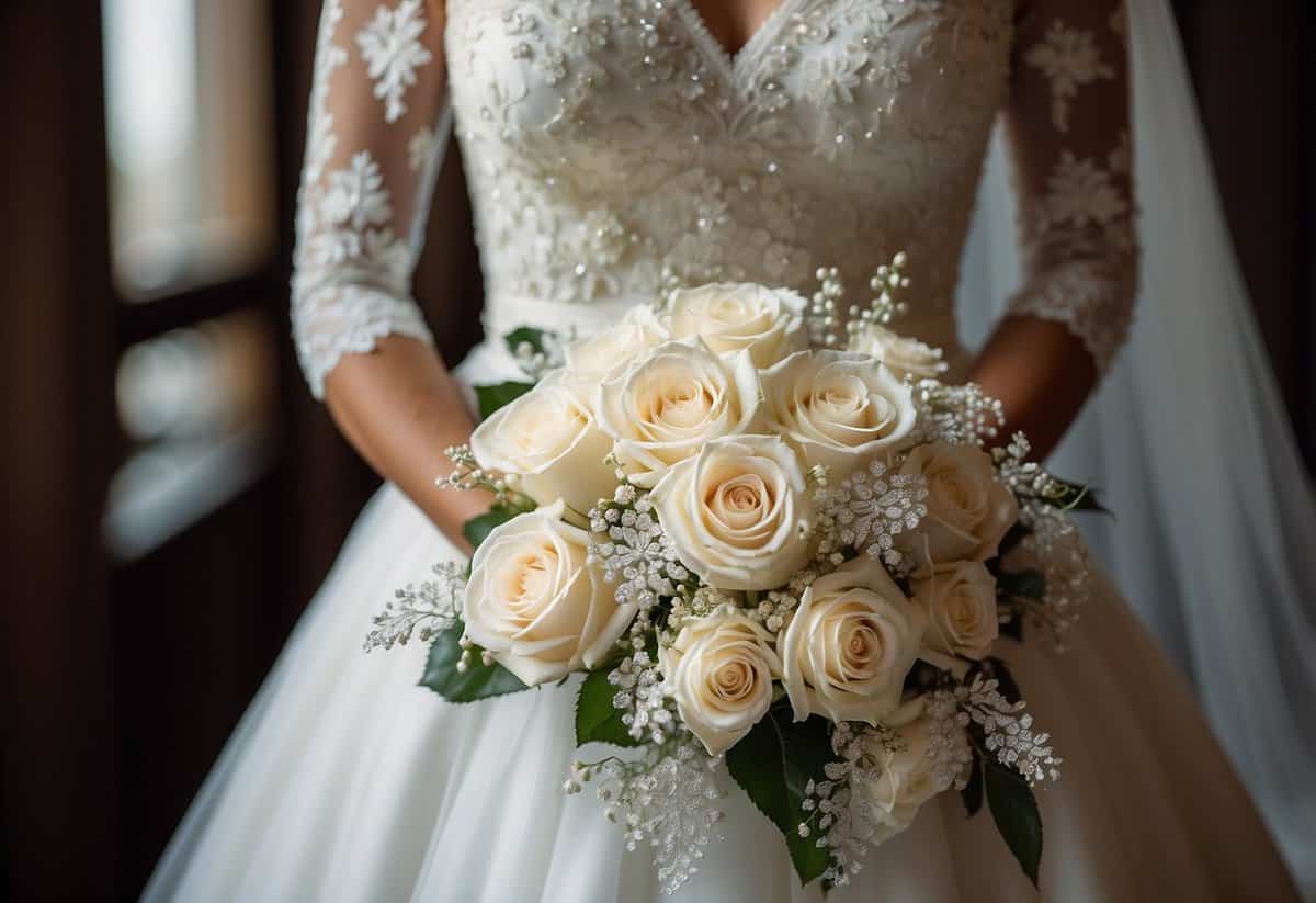 A white lace wedding dress adorned with delicate pearls and a matching veil, accessorized with sparkling diamond earrings and a bouquet of fresh roses