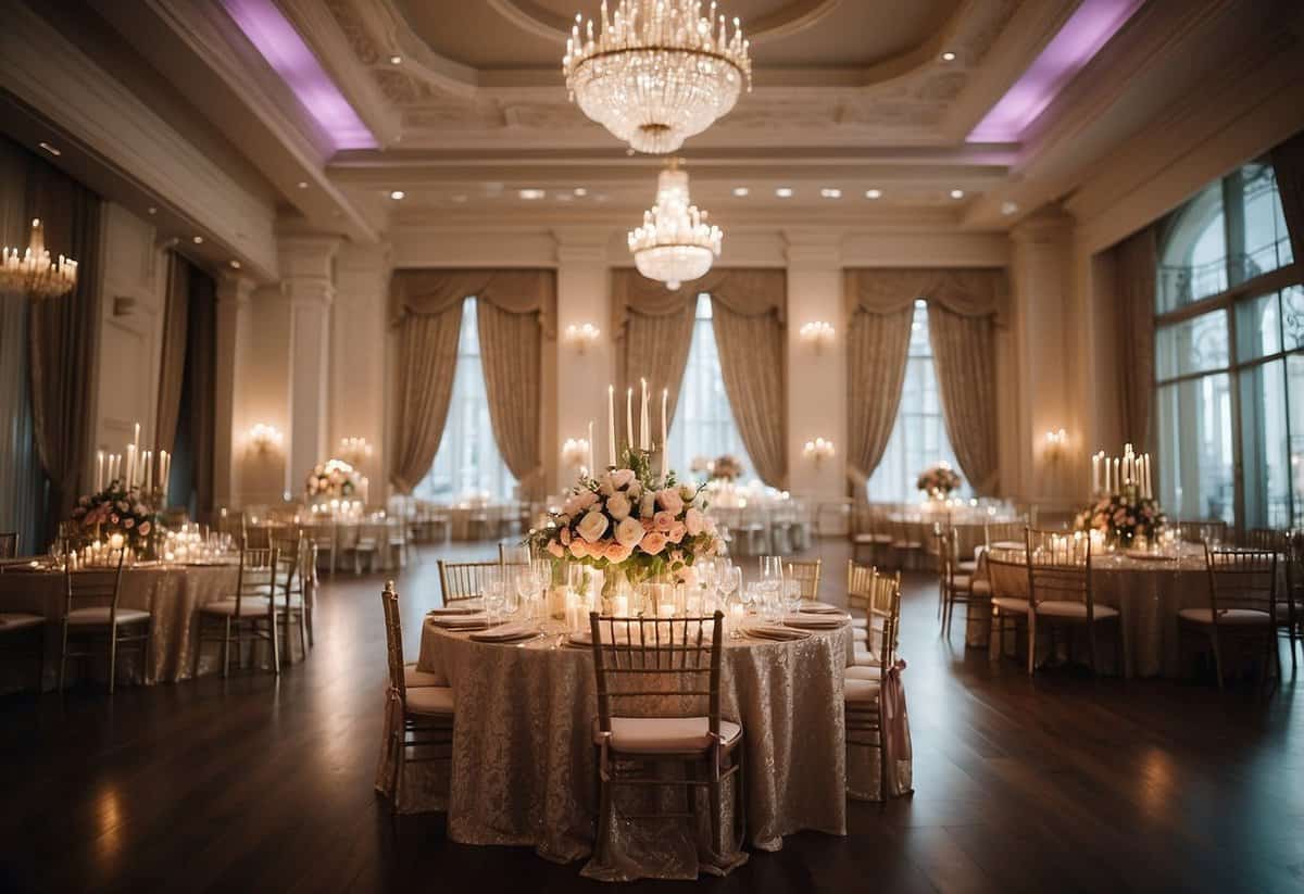 A grand hall with elegant drapery, floral centerpieces, and soft lighting creating a romantic ambiance for a wedding celebration