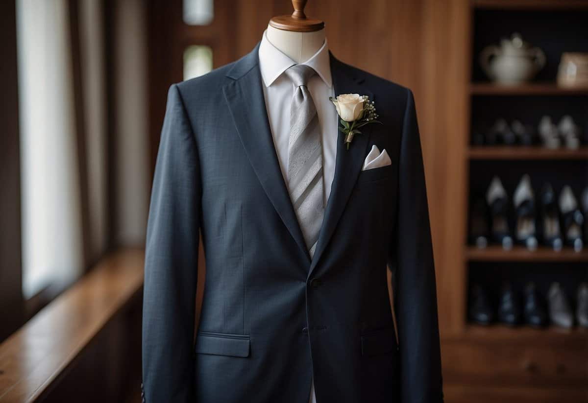 A well-tailored wedding suit hangs on a wooden hanger, accompanied by a crisp white dress shirt, silk tie, and polished dress shoes