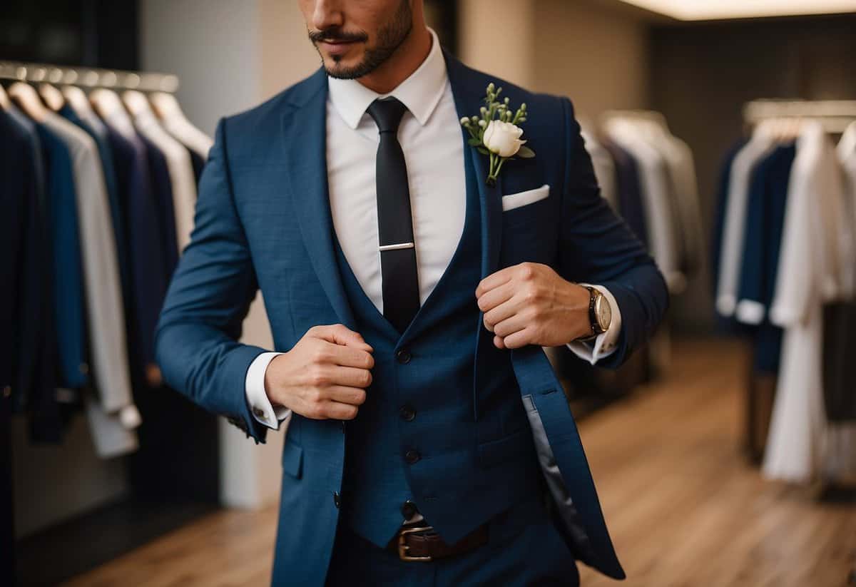 A groom tries on a fitted wedding suit, adjusting the sleeves and collar for a perfect fit