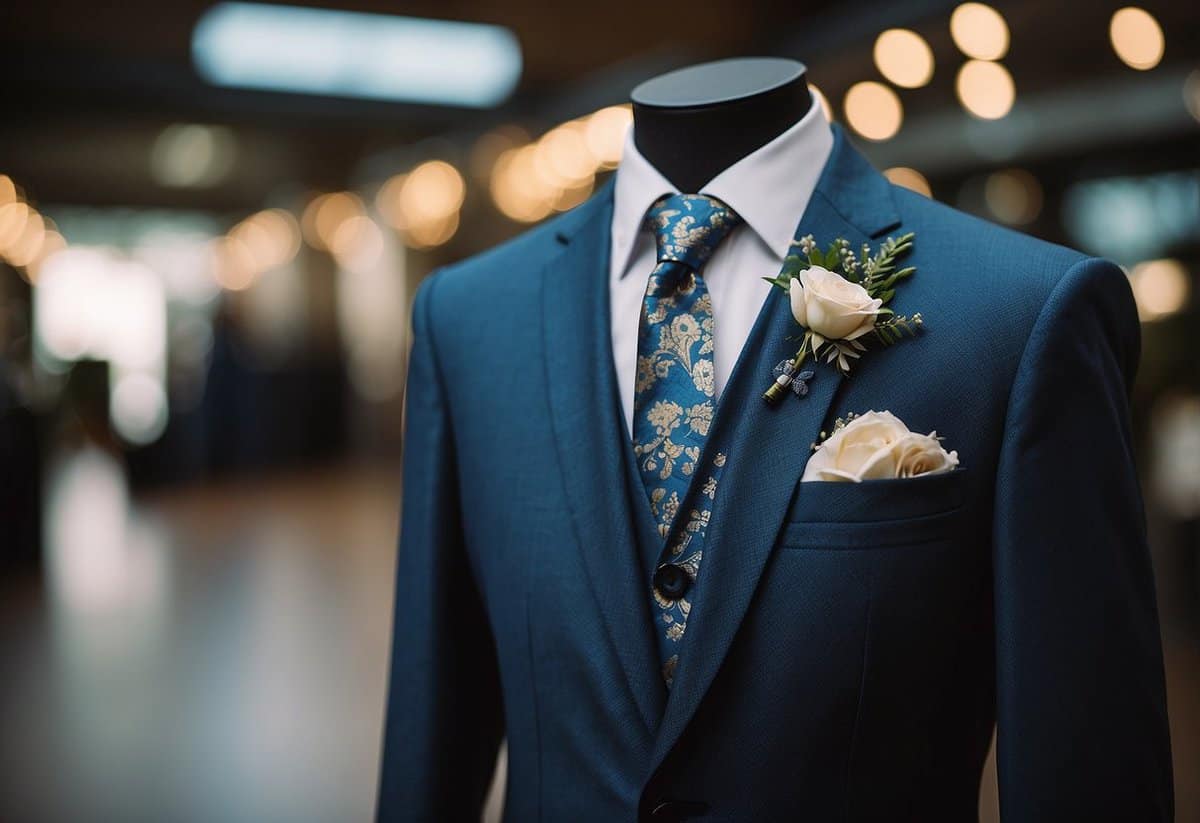 A groom's suit matching the wedding theme, with coordinating colors and patterns, displayed on a tailor's mannequin