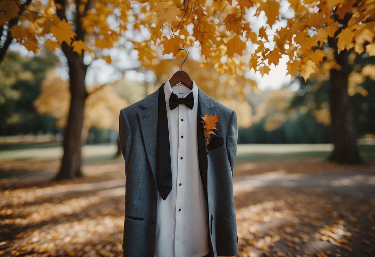 A groom's suit hangs in a rustic wedding venue, with autumn leaves outside