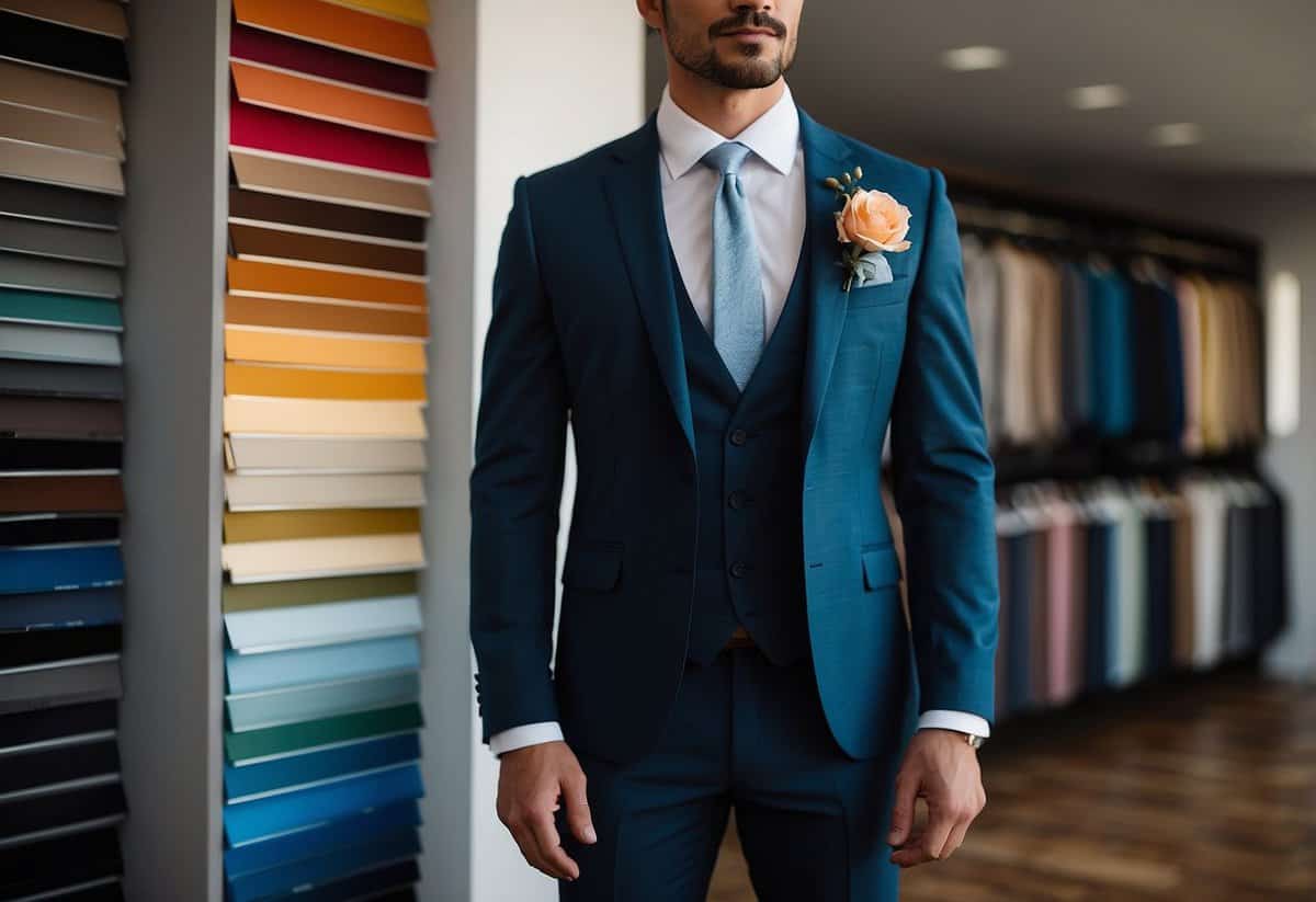 A groom's suit jacket and pants laid out next to color swatches and a color wheel for choosing the perfect wedding suit color