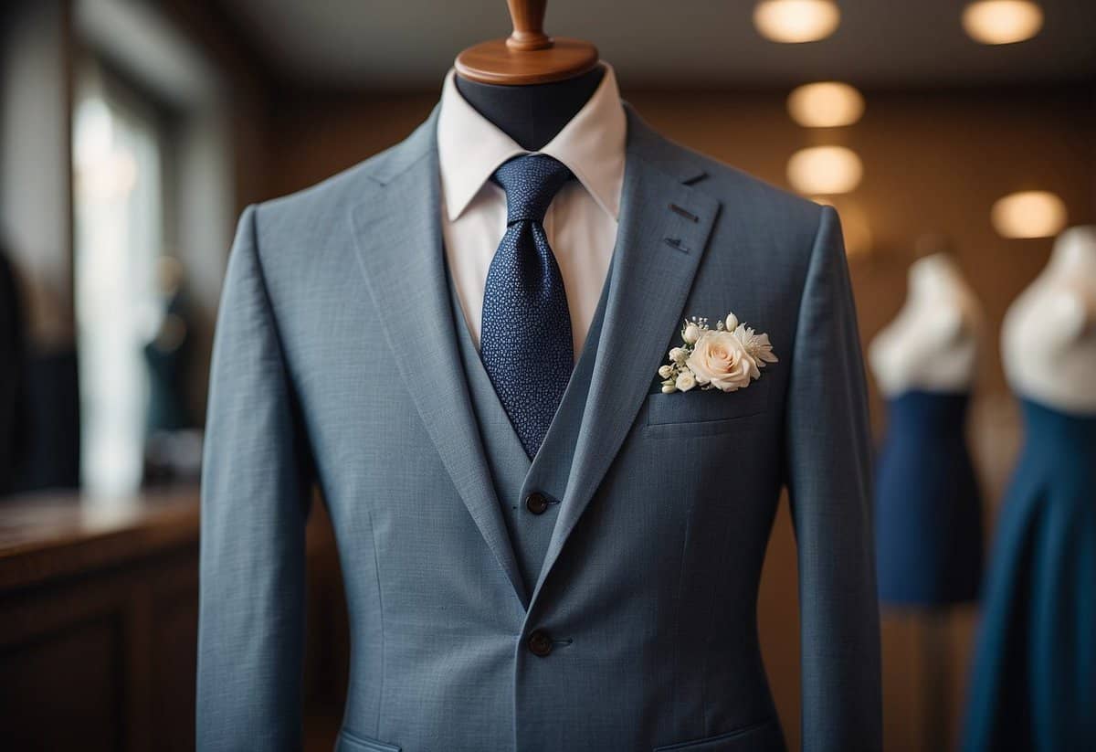 A groom's suit hangs on a tailor's mannequin, with intricate stitching and fine fabric details. Accessories like cufflinks and a pocket square are neatly displayed nearby