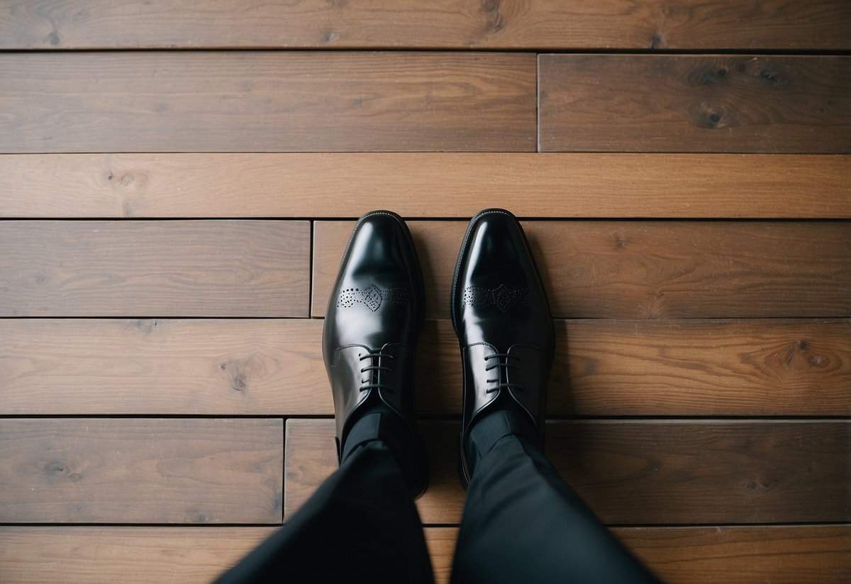 A groom's black suit and a pair of matching black dress shoes arranged neatly on a wooden floor