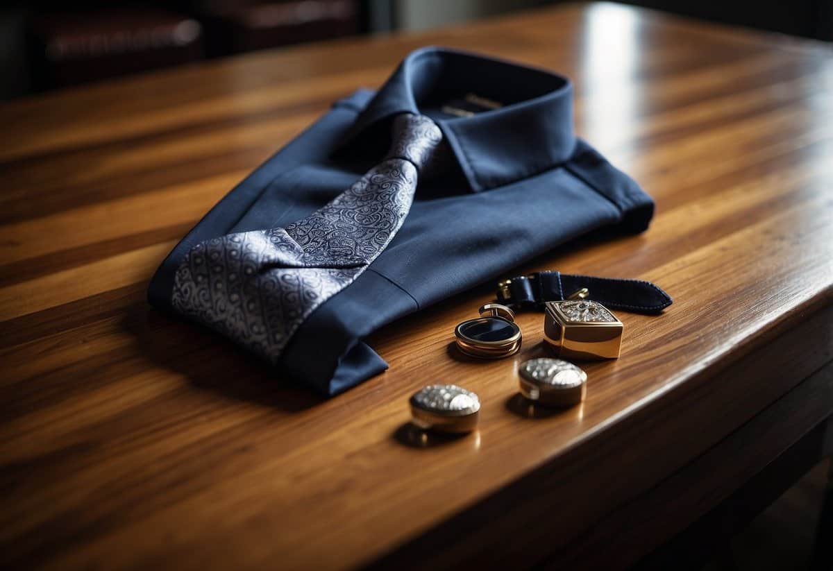 A groom's suit jacket, tie, and cufflinks arranged neatly on a wooden table with soft lighting