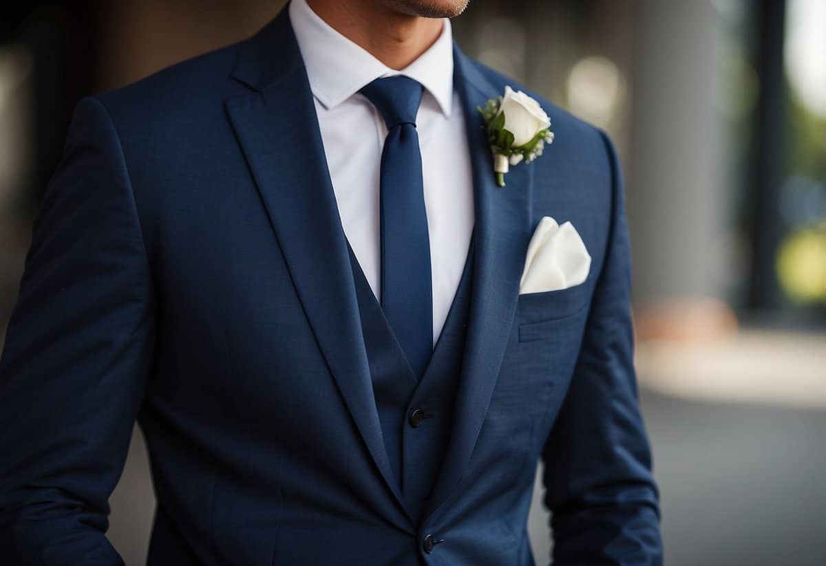 A groom's navy suit with a crisp white shirt and a vibrant pocket square neatly folded in the breast pocket