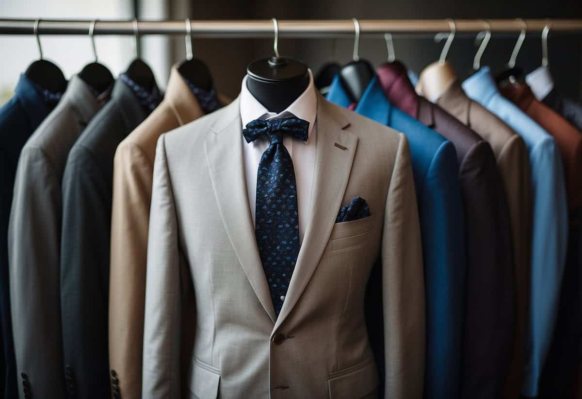A sleek, modern suit jacket hangs on a hanger, with a selection of stylish ties and bow ties laid out neatly on a table