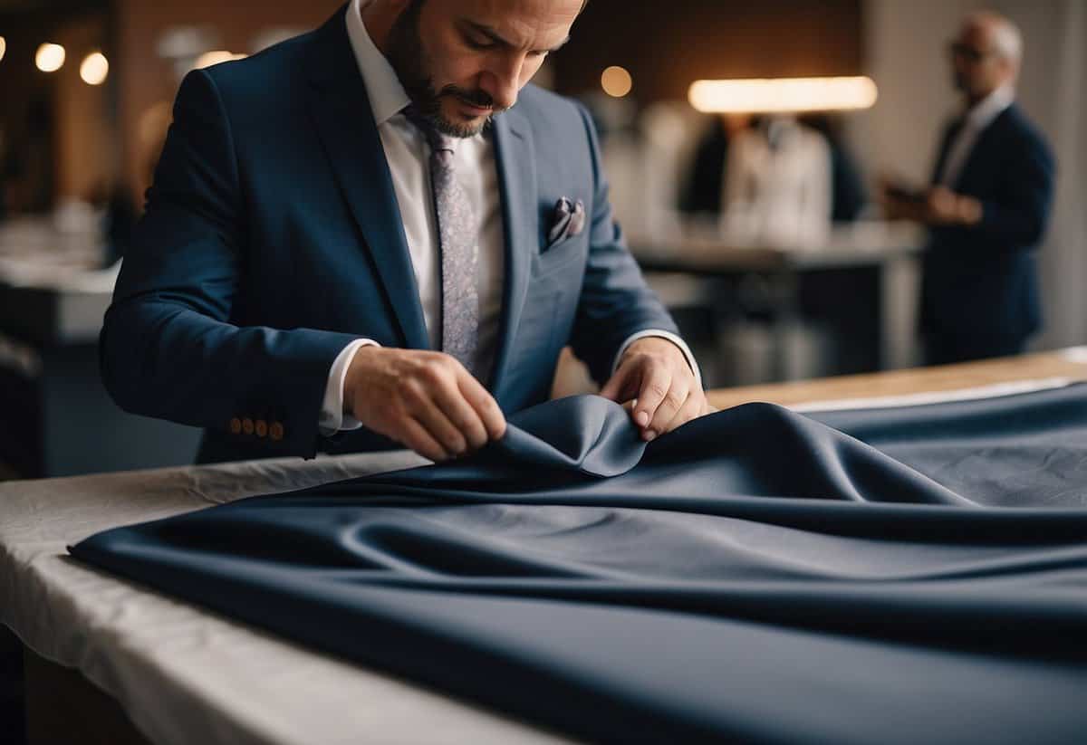 A tailor carefully selects fabric and measures for a custom wedding suit