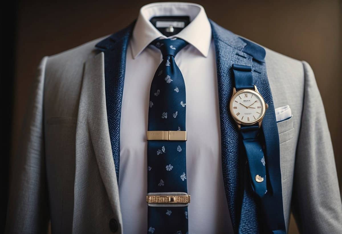 A wedding suit laid out with accessories: tie, cufflinks, pocket square, and watch on a clean, flat surface