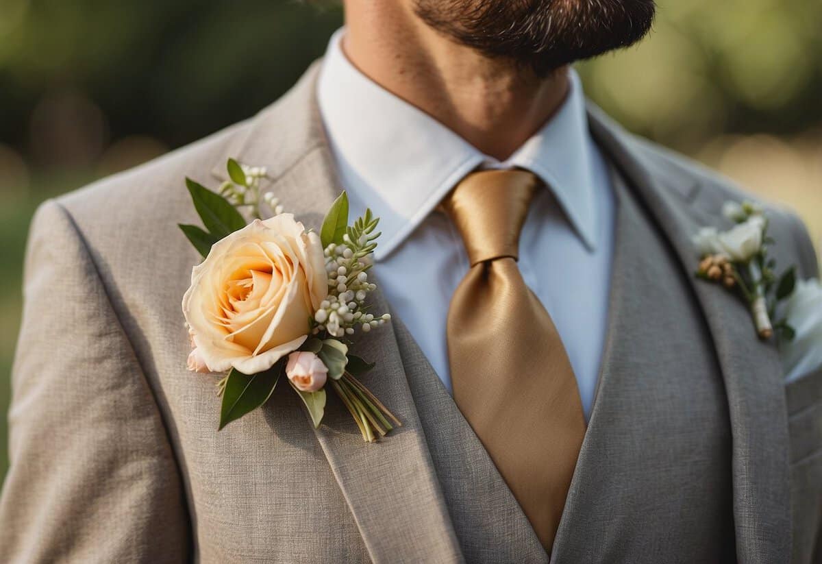 A groom's suit hanging next to seasonal accessories: floral boutonniere, linen tie, and straw hat
