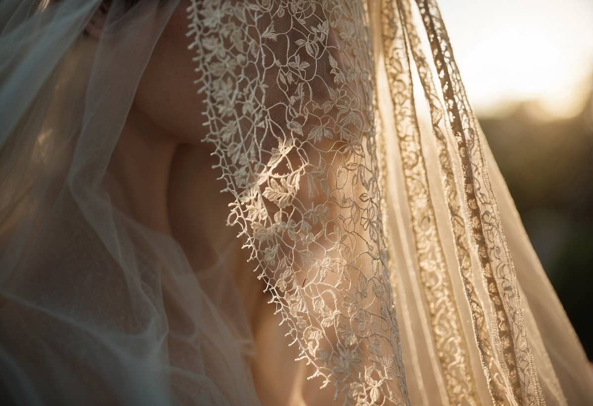 A delicate lace veil floats in the breeze, catching the sunlight and casting a soft, ethereal glow. Subtle beading and intricate embroidery add a touch of elegance