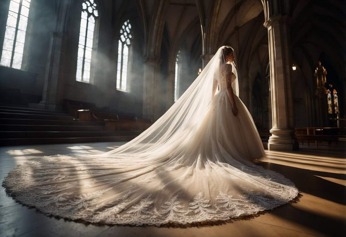 A cathedral veil cascades down, adding dramatic flair to a bride's ensemble