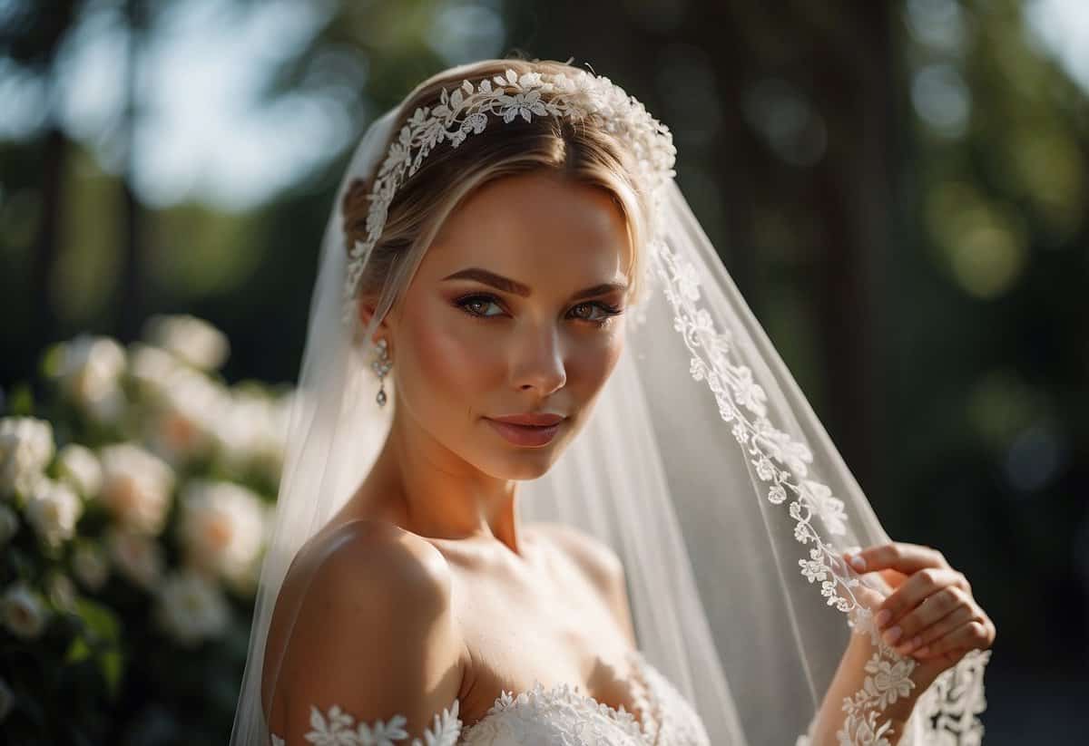 A lace-edged veil adds elegance to the bride's ensemble